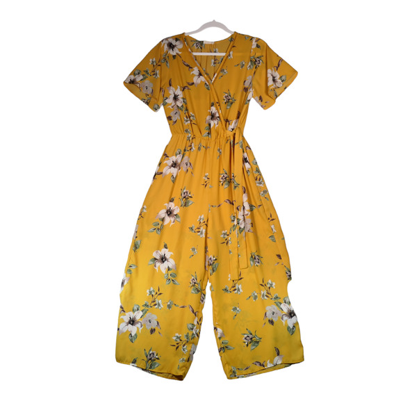 Sienna Sky Jumpsuit Womens L Mustard Floral Wide Leg Elastic Waist Pockets Boho - Picture 2 of 14